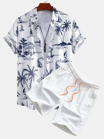 Island Sailing Print Button Up Shirt & Swim Shorts