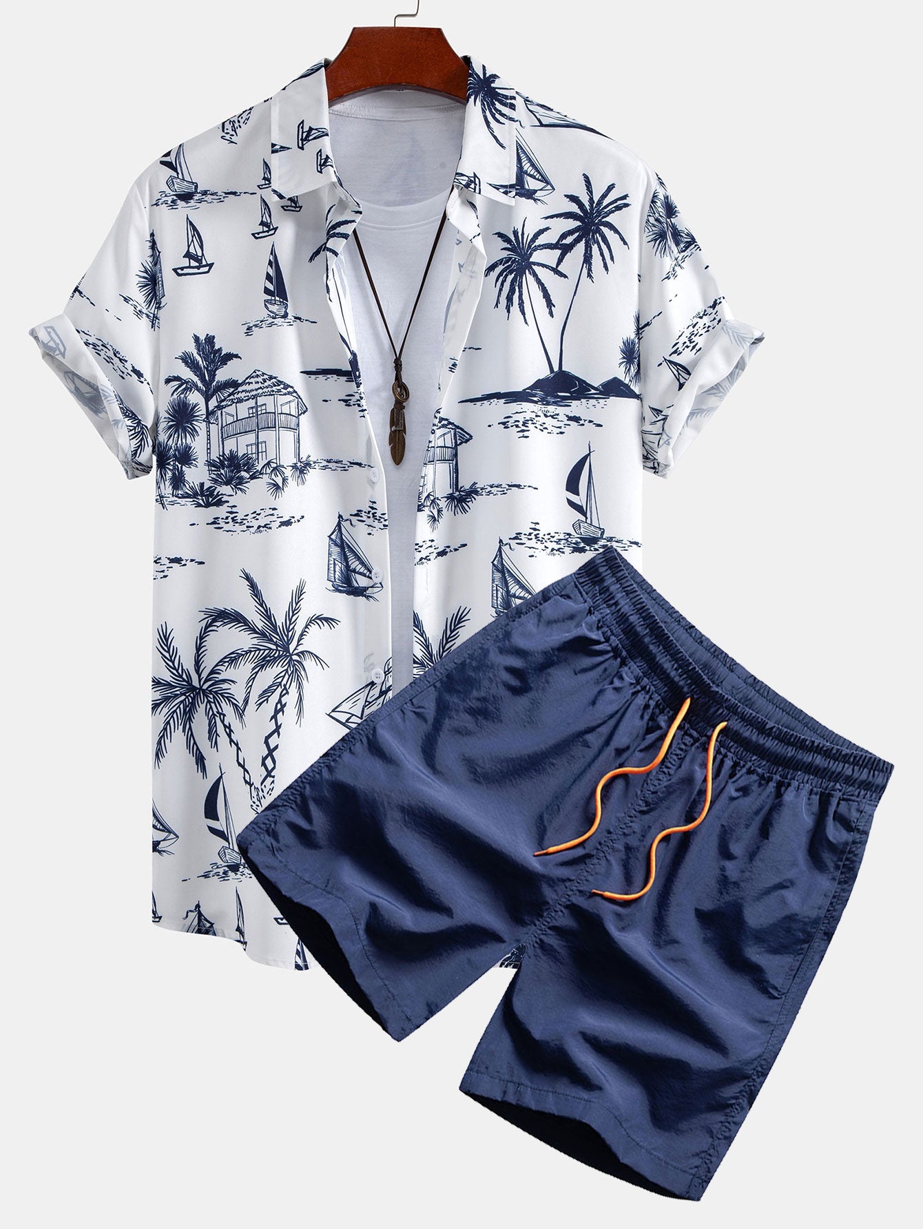 Island Sailing Print Button Up Shirt & Swim Shorts