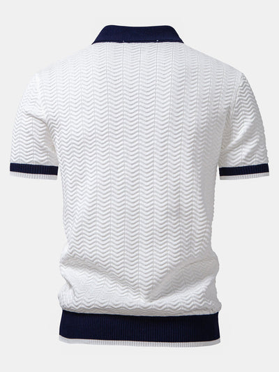 Texture Contrast Knitted V Neck Polo Shirt