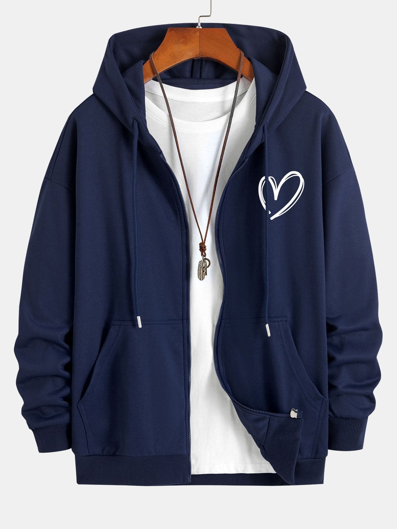 Heart Print Relax Fit Zip Hoodie