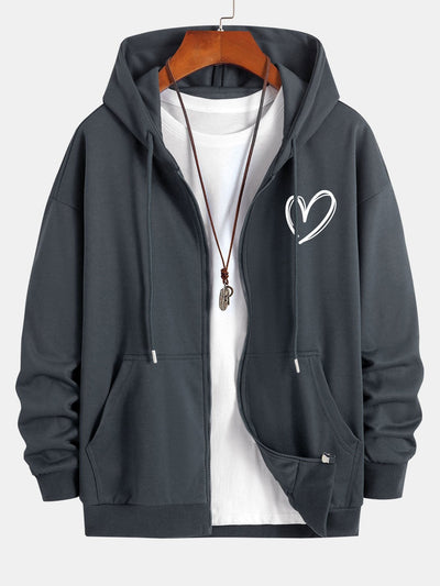 Heart Print Relax Fit Zip Hoodie