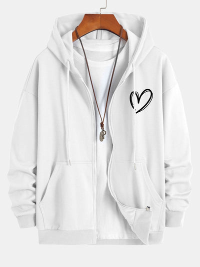 Heart Print Relax Fit Zip Hoodie