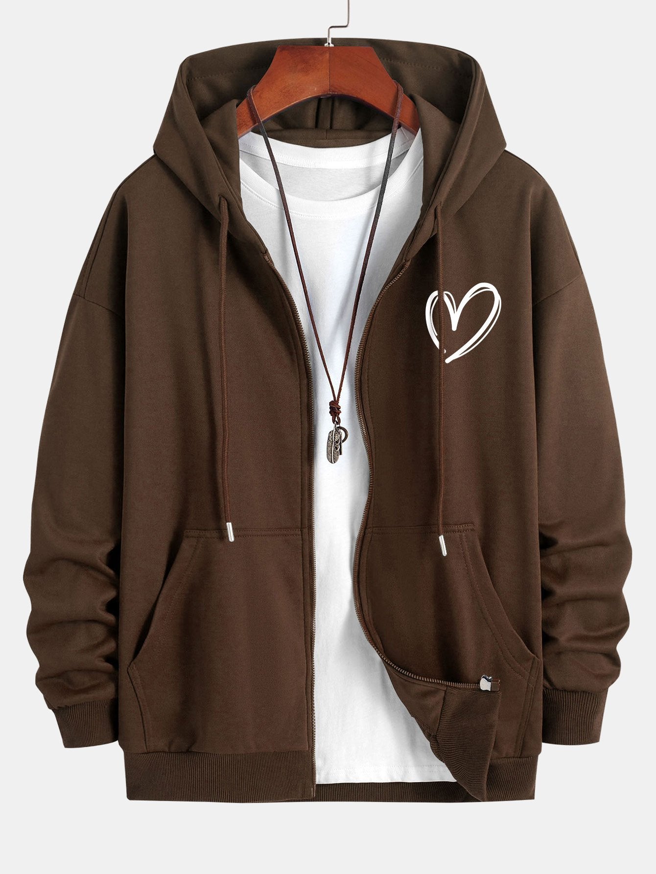 Heart Print Relax Fit Zip Hoodie