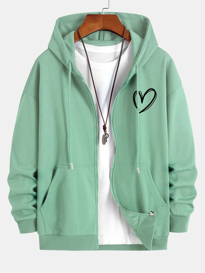 Heart Print Relax Fit Zip Hoodie